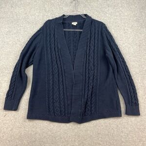 LL Bean Women's XL Blue Cable Knit Open Front Cardigan Sweater Preppy Heavy Navy